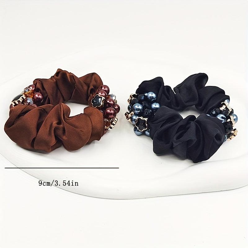 Faux Pearl Double Beaded Scrunchies Hair Tie Hair Rope Satin Ponytail