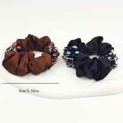 Faux Pearl Double Beaded Scrunchies Hair Tie Hair Rope Satin Ponytail