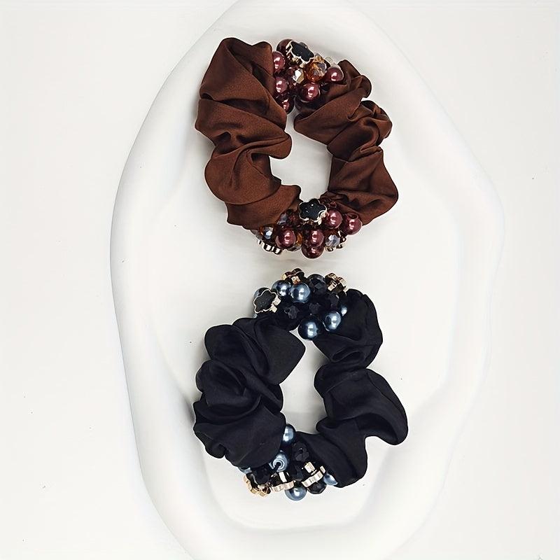 Faux Pearl Double Beaded Scrunchies Hair Tie Hair Rope Satin Ponytail