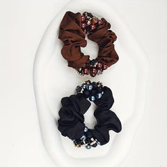 Faux Pearl Double Beaded Scrunchies Hair Tie Hair Rope Satin Ponytail