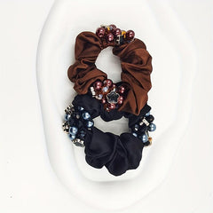 Faux Pearl Double Beaded Scrunchies Hair Tie Hair Rope Satin Ponytail