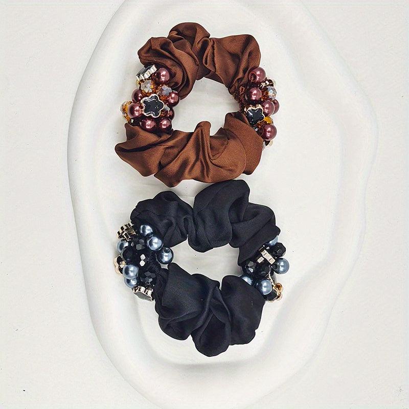 Faux Pearl Double Beaded Scrunchies Hair Tie Hair Rope Satin Ponytail