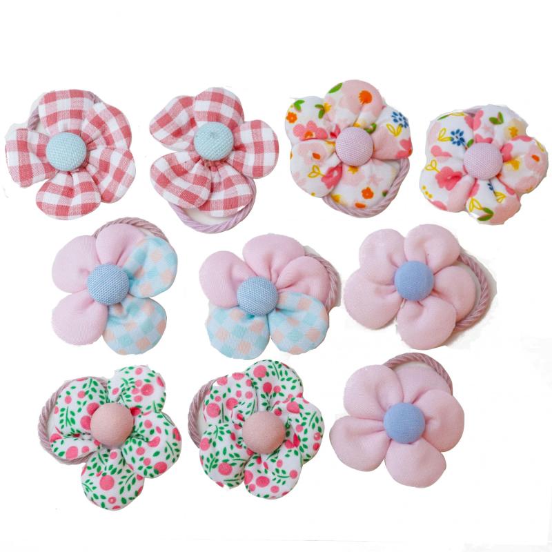 Baby Girl Flower Hair Tie Plaid Flower Print Elastic Ponytail Holder