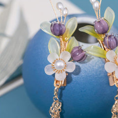 Purple Lily Flowers Hair Clip with Tassel - Ancient Style Hair Accessory