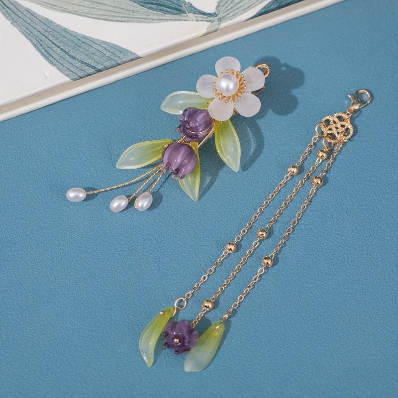 Purple Lily Flowers Hair Clip with Tassel - Ancient Style Hair Accessory