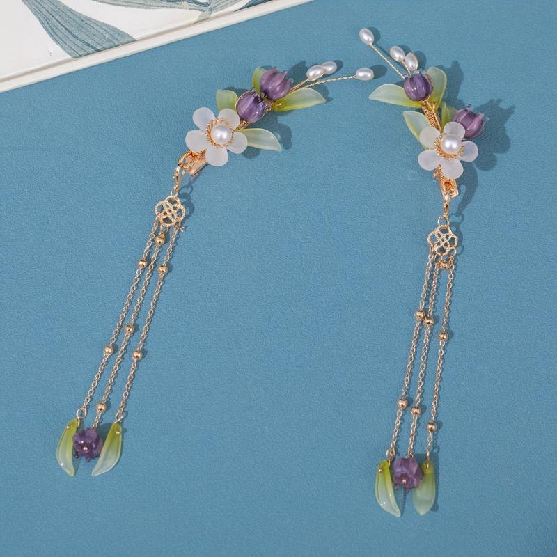 Purple Lily Flowers Hair Clip with Tassel - Ancient Style Hair Accessory