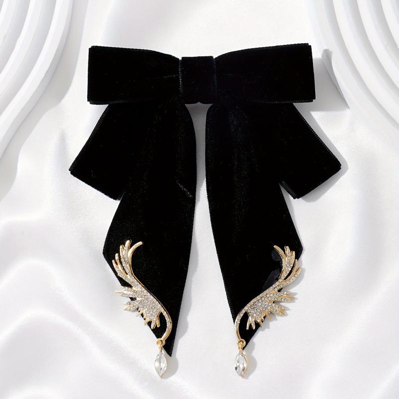 Velvet Bowknot Brooch Pin Rhinestone Wings Shirt Collar Pin