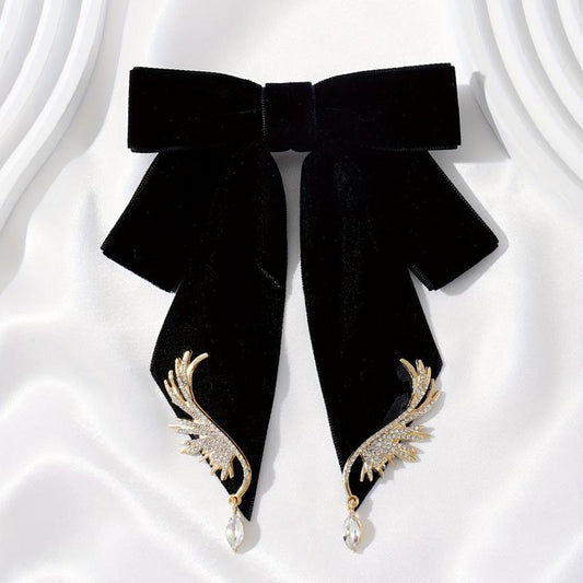 Velvet Bowknot Brooch Pin Rhinestone Wings Shirt Collar Pin