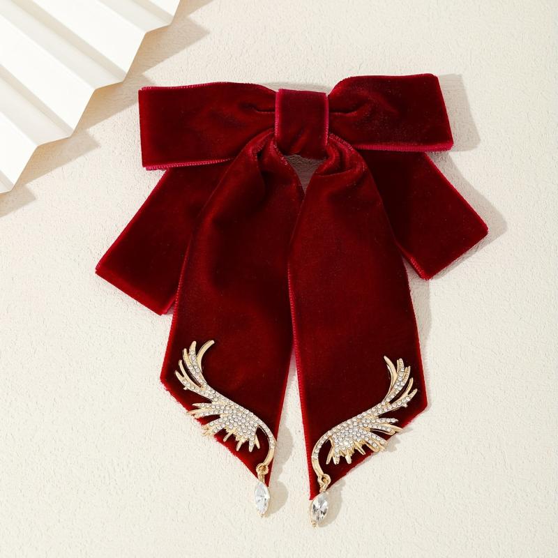 Velvet Bowknot Brooch Pin Rhinestone Wings Shirt Collar Pin