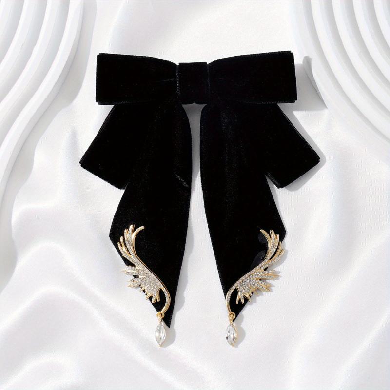 Velvet Bowknot Brooch Pin Rhinestone Wings Shirt Collar Pin