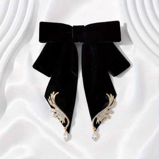 Velvet Bowknot Brooch Pin Rhinestone Wings Shirt Collar Pin