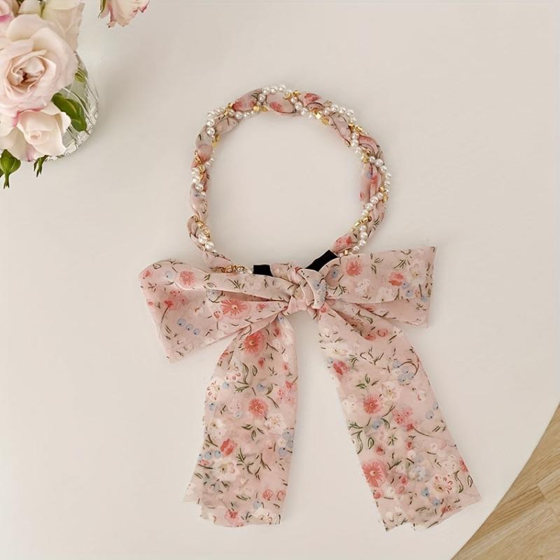 Boho Style Pearl Hair Tie Braided Scrunchie Floral Hair Accessories