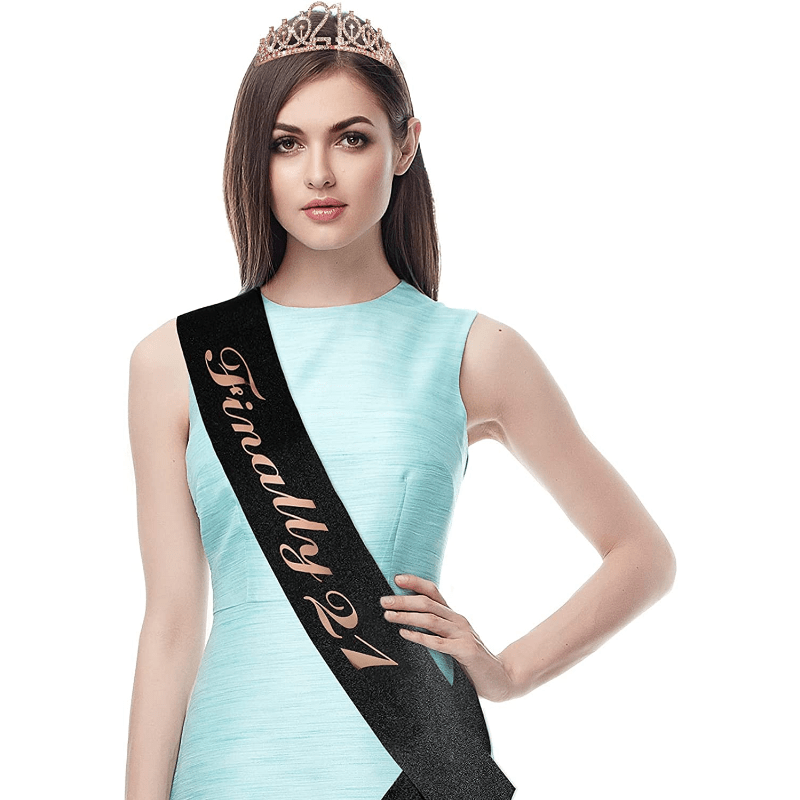 21st Birthday Crown & Sash Set - Rhinestone Tiara & Glitter Lettered Ribbon