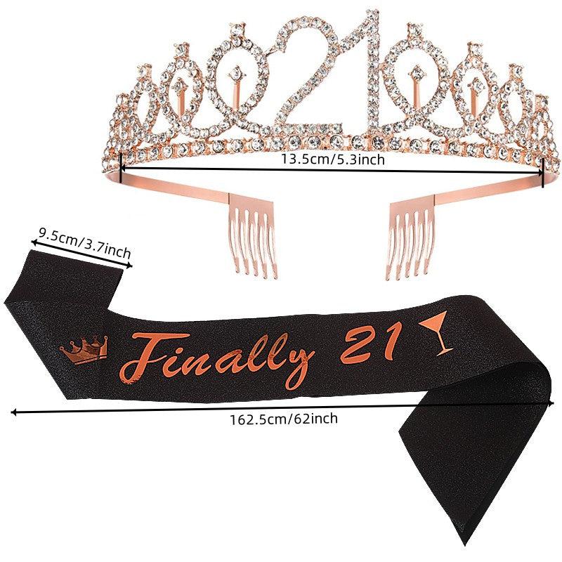 21st Birthday Crown & Sash Set - Rhinestone Tiara & Glitter Lettered Ribbon