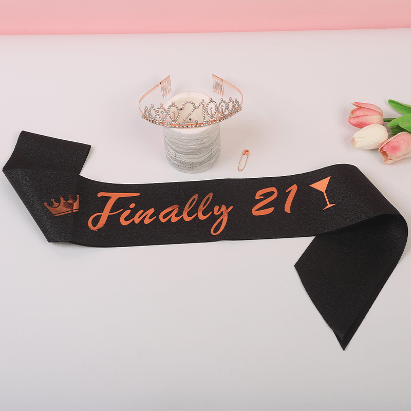 21st Birthday Crown & Sash Set - Rhinestone Tiara & Glitter Lettered Ribbon