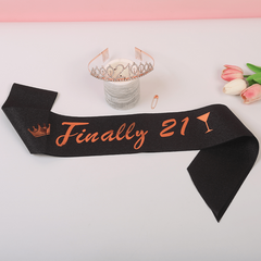 21st Birthday Crown & Sash Set - Rhinestone Tiara & Glitter Lettered Ribbon