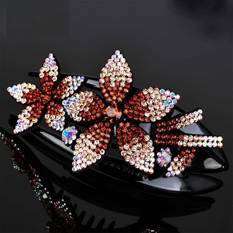 Flower Leaf Decor Hair Clip Anti Slip Rhinestone Duck Billed Clip