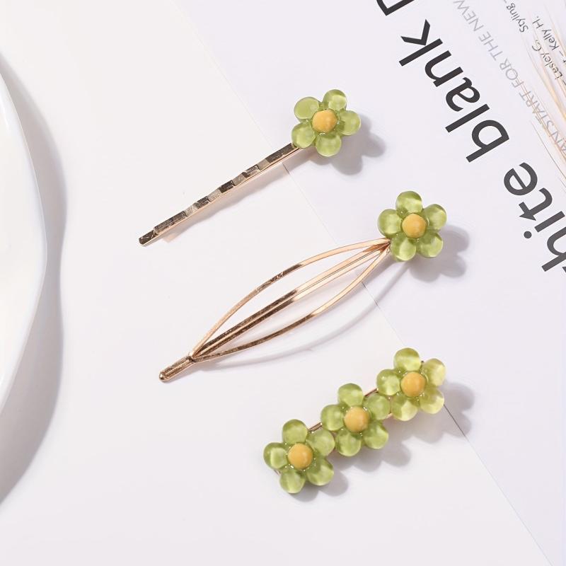 3pcs Green Flower Hair Clips Set All Match Bobby Hair Pins Hair Accessories