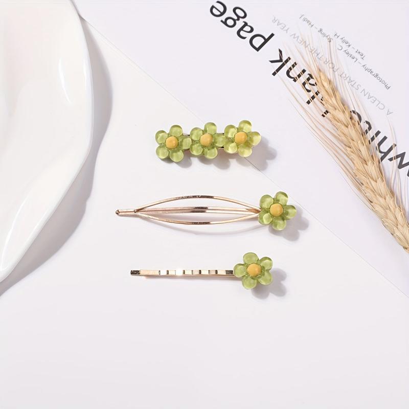 3pcs Green Flower Hair Clips Set All Match Bobby Hair Pins Hair Accessories