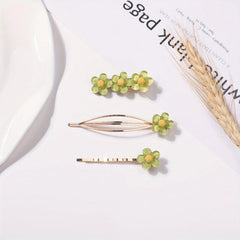 3pcs Green Flower Hair Clips Set All Match Bobby Hair Pins Hair Accessories