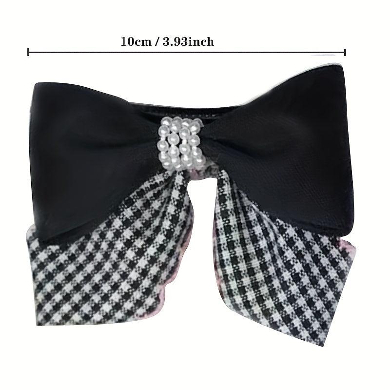 Plaid Pattern Faux Pearl Bowknot Duck Billed Clip Clothing Decoration