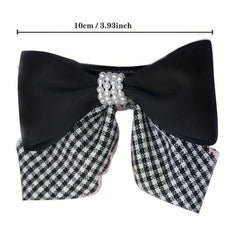 Plaid Pattern Faux Pearl Bowknot Duck Billed Clip Clothing Decoration
