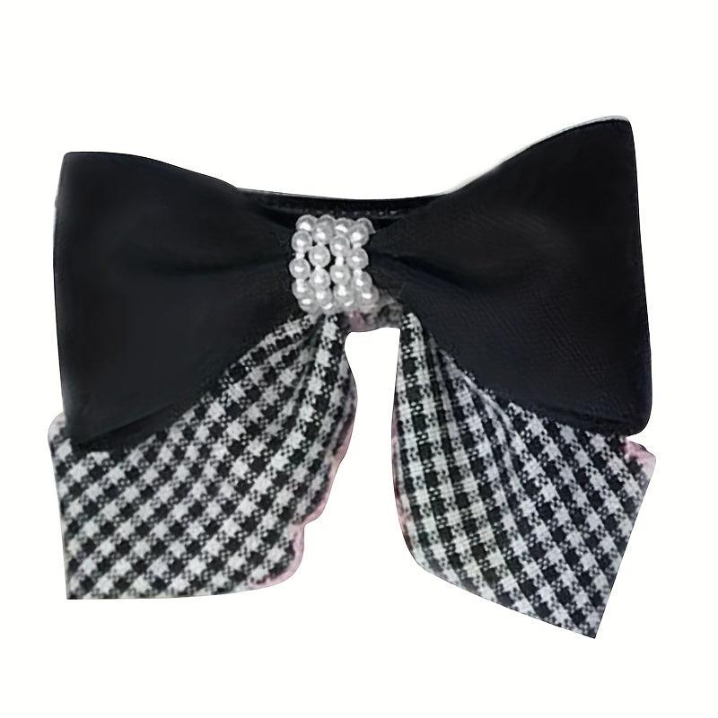 Plaid Pattern Faux Pearl Bowknot Duck Billed Clip Clothing Decoration