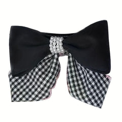 Plaid Pattern Faux Pearl Bowknot Duck Billed Clip Clothing Decoration