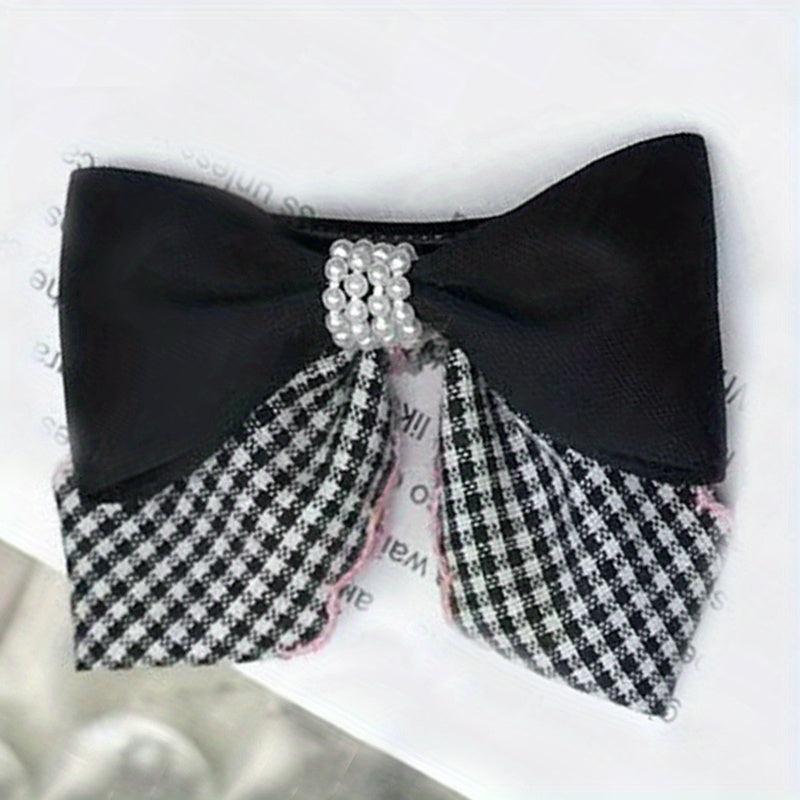Plaid Pattern Faux Pearl Bowknot Duck Billed Clip Clothing Decoration