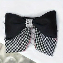 Plaid Pattern Faux Pearl Bowknot Duck Billed Clip Clothing Decoration