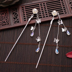 Butterfly Tassel Hair Pin Faux Pearl Hair Stick Metal Hair Bun Maker Women Girls