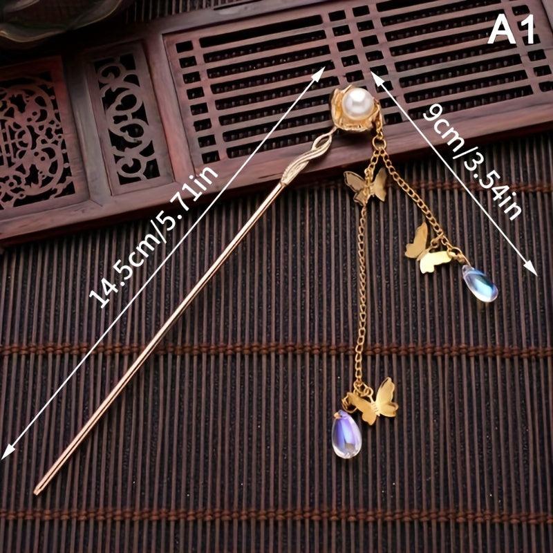 Butterfly Tassel Hair Pin Faux Pearl Hair Stick Metal Hair Bun Maker Women Girls