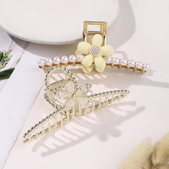 2pcs Metal Flower Hair Claws Set Large Hair Claw Faux Pearl Shark Claw Headwear