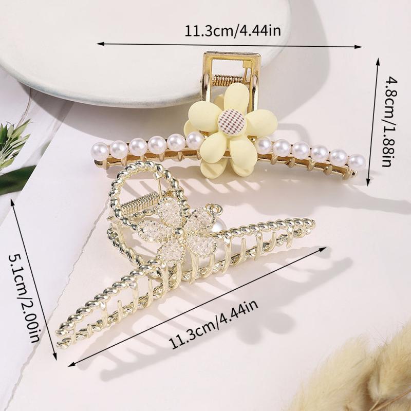 2pcs Metal Flower Hair Claws Set Large Hair Claw Faux Pearl Shark Claw Headwear