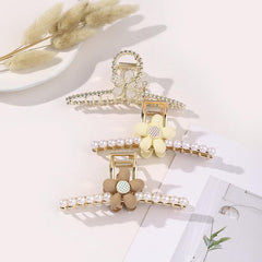 2pcs Metal Flower Hair Claws Set Large Hair Claw Faux Pearl Shark Claw Headwear