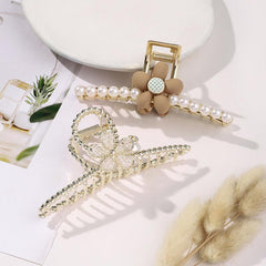 2pcs Metal Flower Hair Claws Set Large Hair Claw Faux Pearl Shark Claw Headwear
