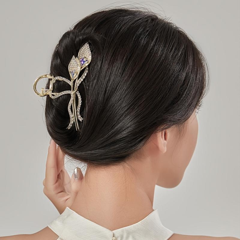 Rhinestone Flower Hair Claw Alloy Shark Claw Back Head Hair Clip