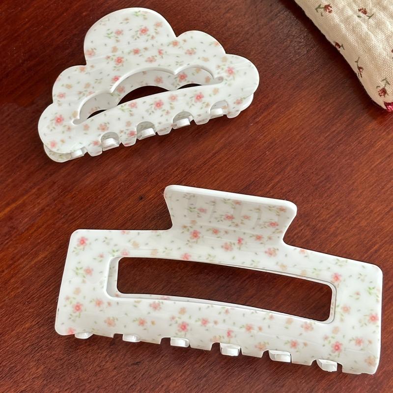 2pcs Floral Printed Hair Claw For Thick Hair Non-slip Ponytail Holder