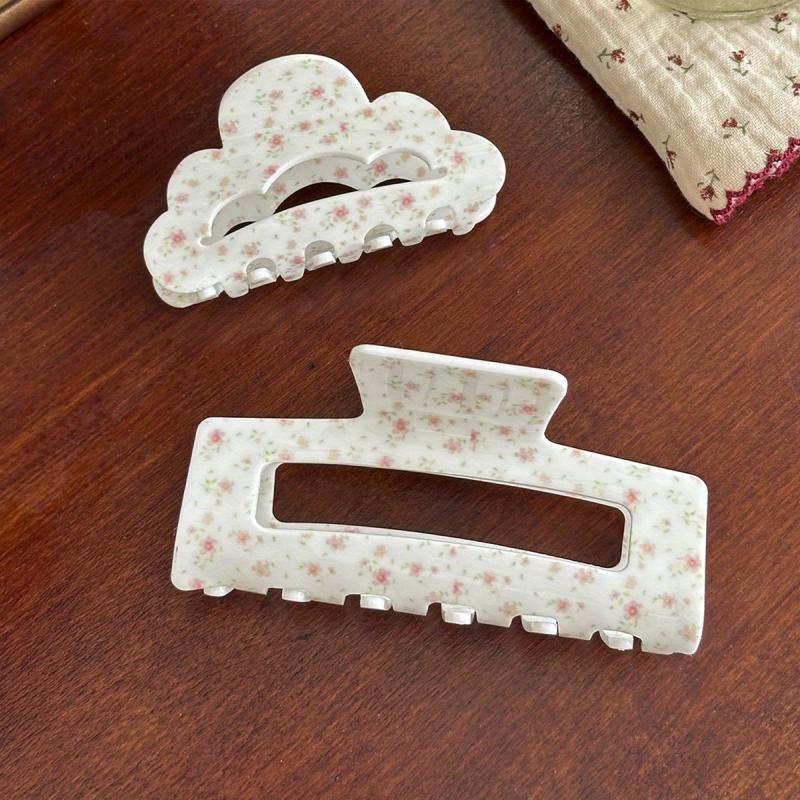 2pcs Floral Printed Hair Claw For Thick Hair Non-slip Ponytail Holder