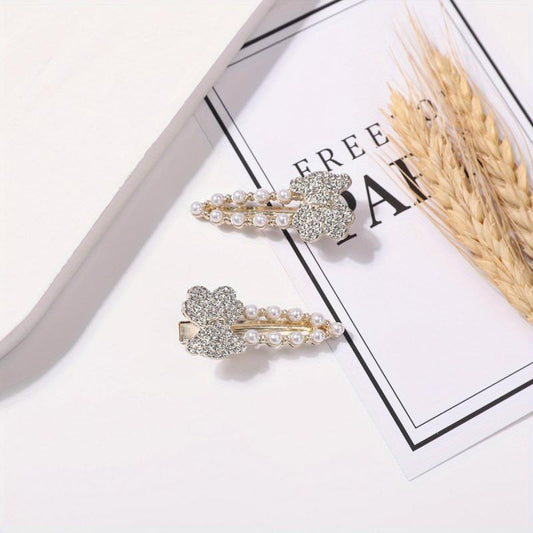 2pcs Faux Pearl Rhinestone Hair Clip for Women Girls