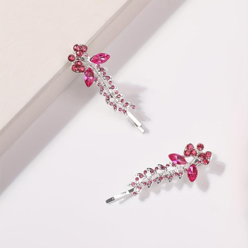 2pcs Red Rhinestone Glitter Flower Hair Pin Alloy Hair Clip