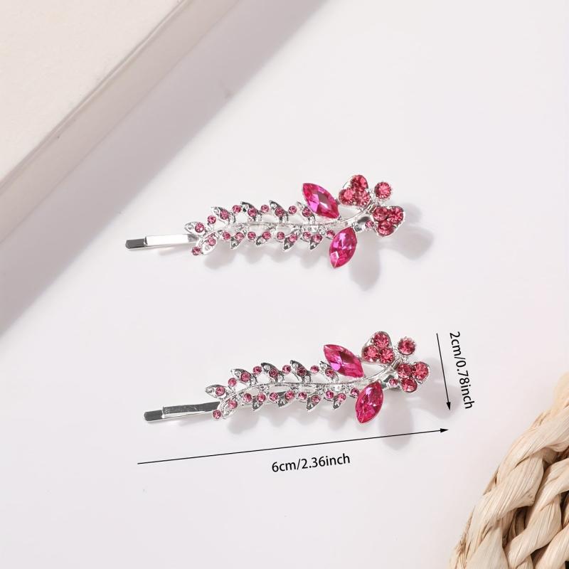 2pcs Red Rhinestone Glitter Flower Hair Pin Alloy Hair Clip
