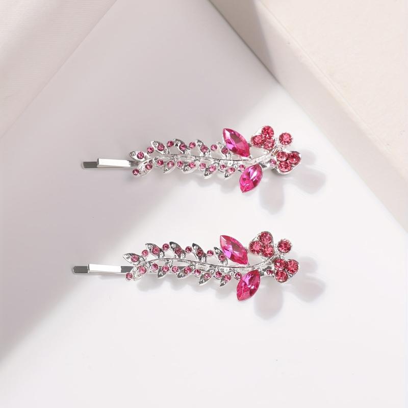 2pcs Red Rhinestone Glitter Flower Hair Pin Alloy Hair Clip