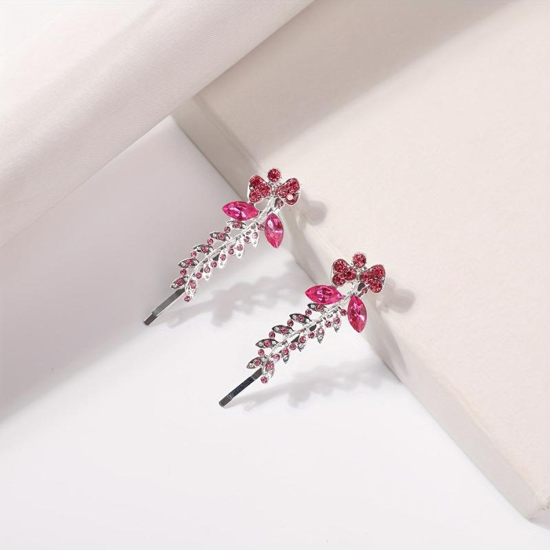 2pcs Red Rhinestone Glitter Flower Hair Pin Alloy Hair Clip