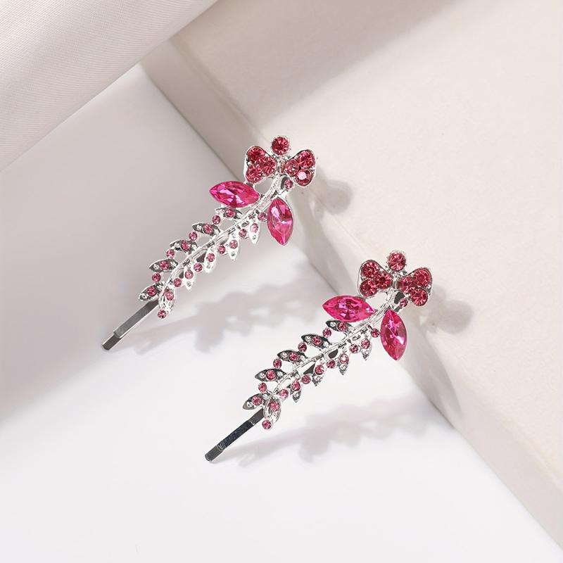 2pcs Red Rhinestone Glitter Flower Hair Pin Alloy Hair Clip