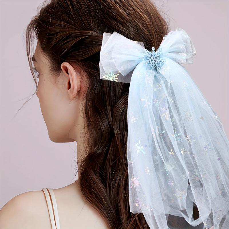 Snowflake Hair Bow Clips Sparkly Chiffon Barrettes Hair Accessories