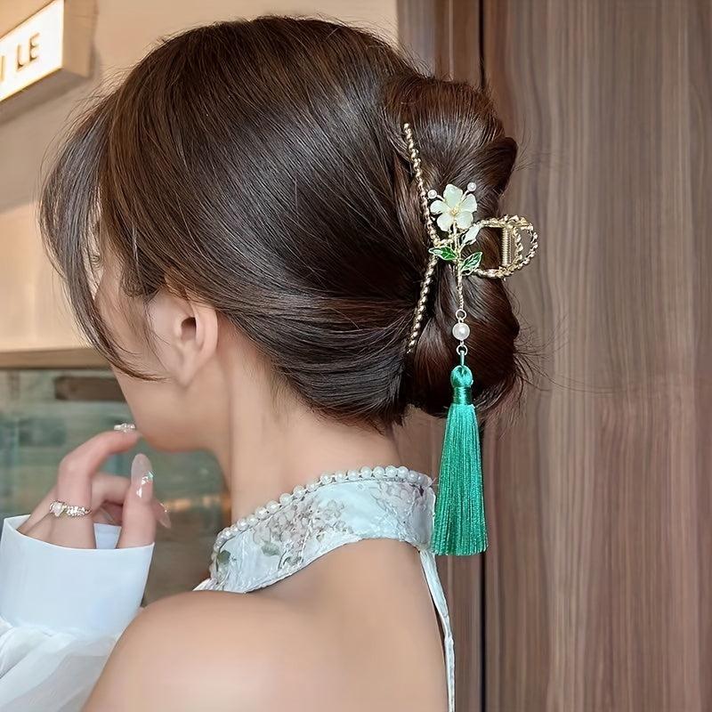 Chinese Style Flower Hair Claw With Tassel Ponytail Holder Hair Accessories