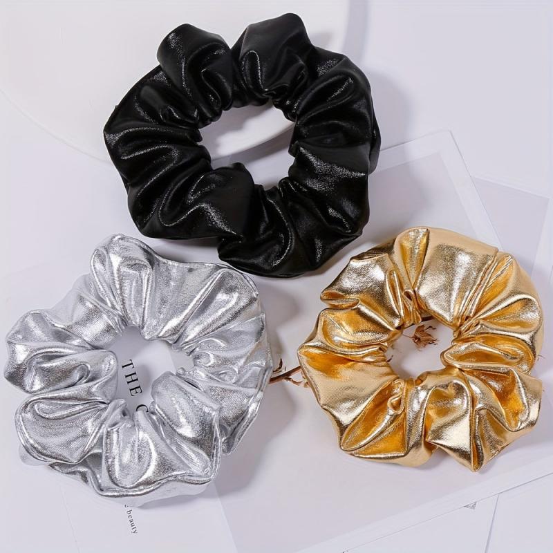 PU Leather Scrunchies Hair Tie Metallic Hair Ring