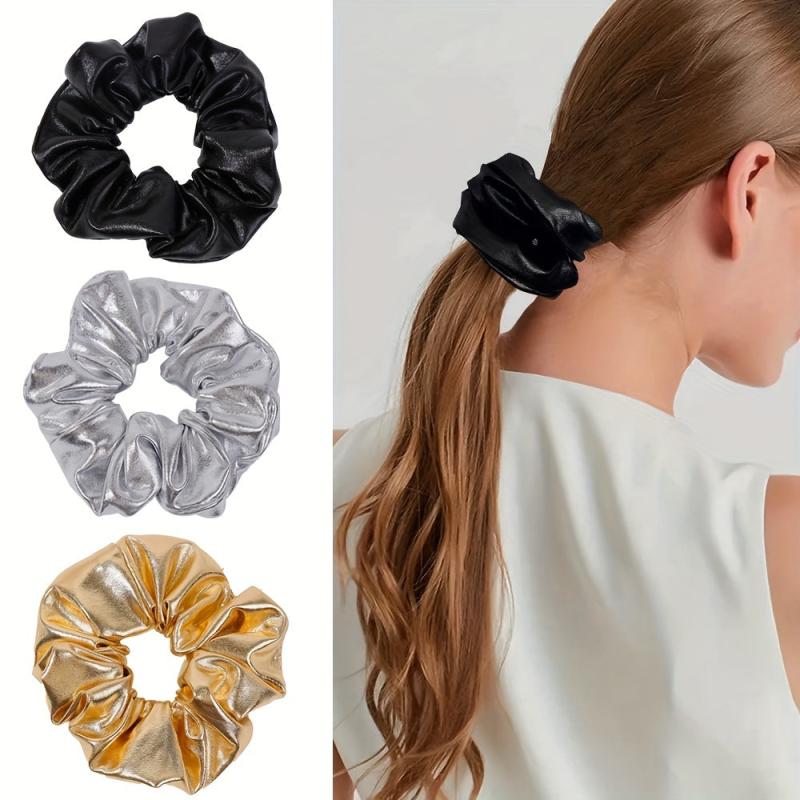 PU Leather Scrunchies Hair Tie Metallic Hair Ring