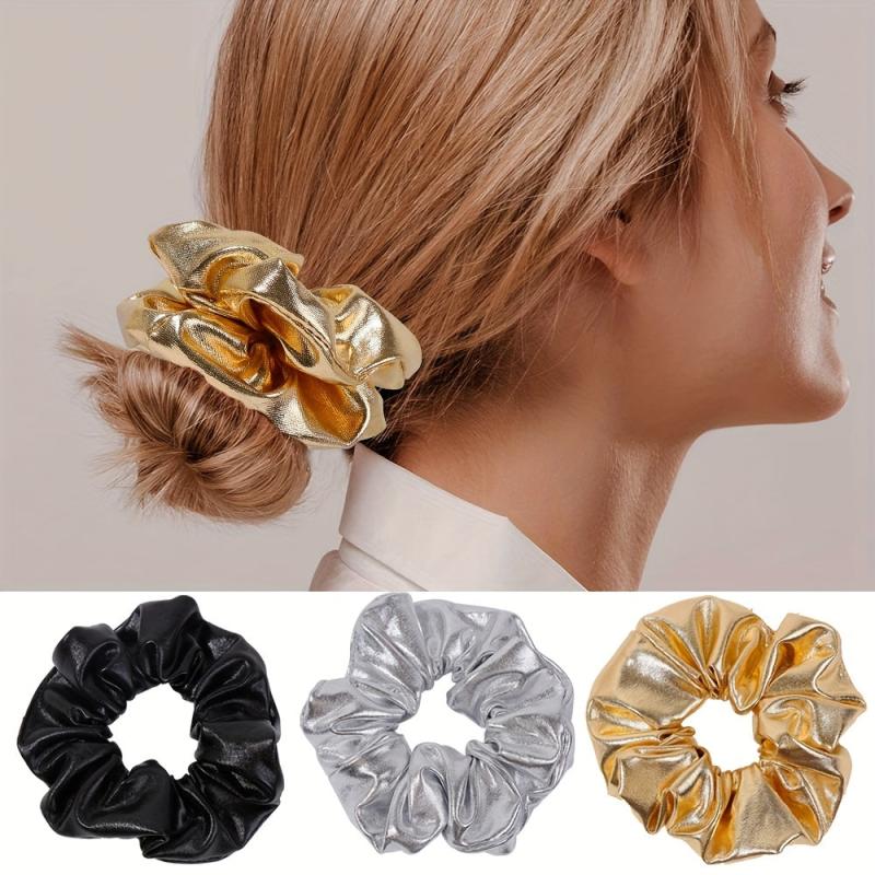 PU Leather Scrunchies Hair Tie Metallic Hair Ring